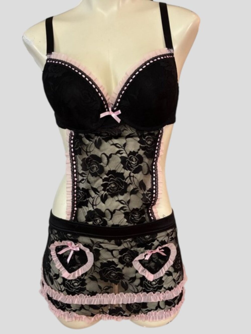 René Rofé Black & Pink Lace Apron Babydoll French Maid Lingerie